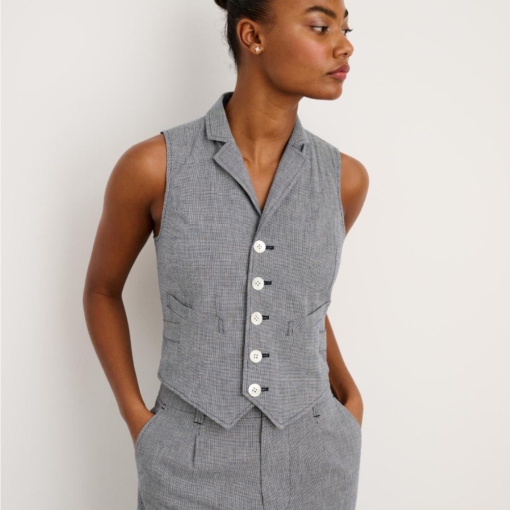 ALEX MILL Mathilde Mini Houndstooth Vest In Black/ White SZ S Cotton/Linen